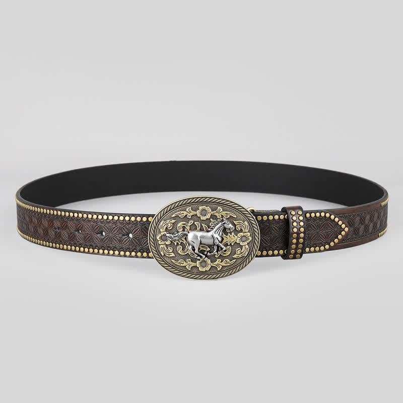 Ceinture en cuir à boucle florale pour homme avec motif cheval fort