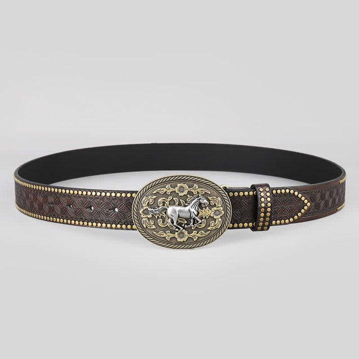Ceinture en cuir à boucle florale pour homme avec motif cheval fort