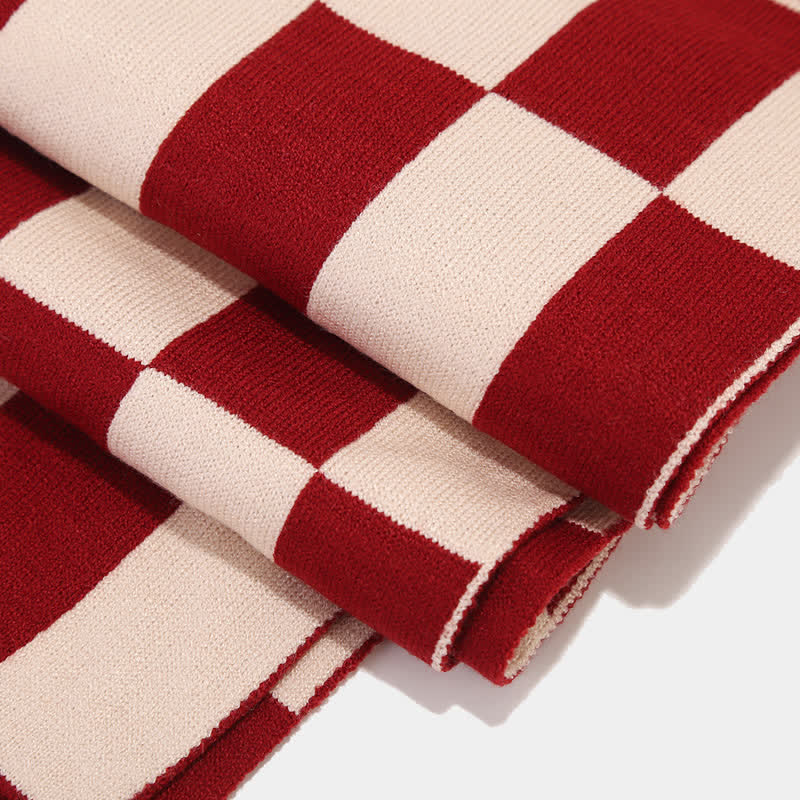 Ensemble de 3 pièces unisexe à carreaux en damier avec bonnet, écharpe et gants