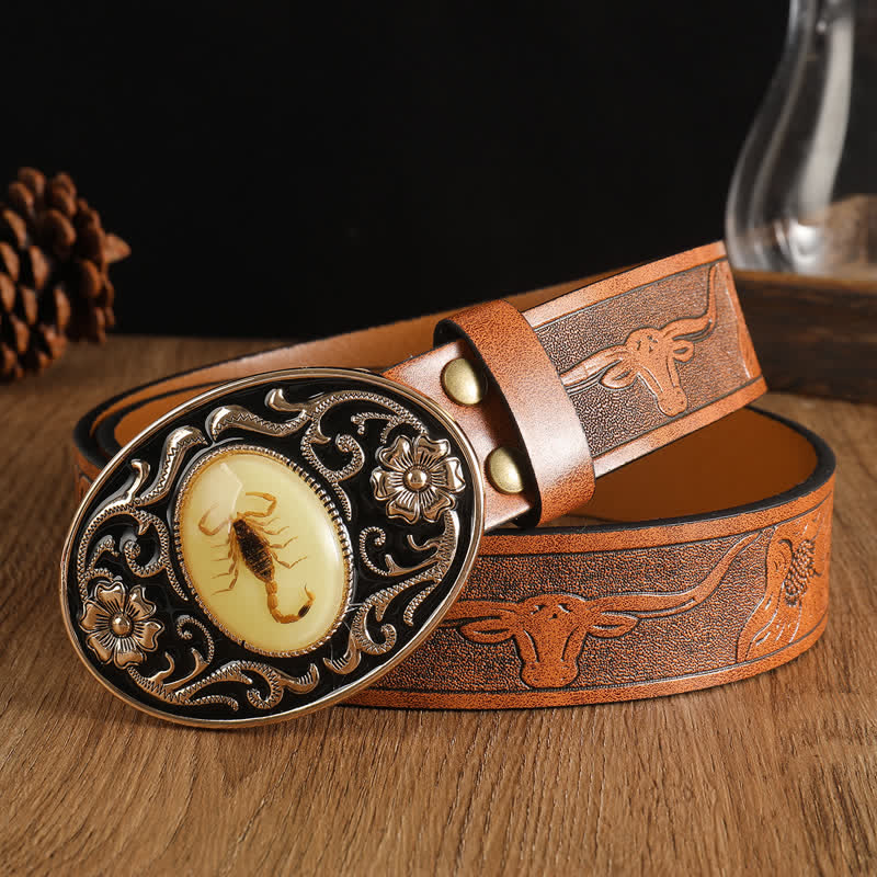 Ceinture en cuir à boucle pour homme avec motif animal, scorpion et fleur