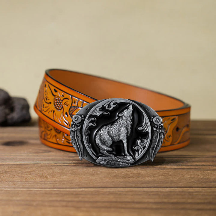 Ceinture en cuir à boucle en émail pour homme avec loup hurlant dominateur