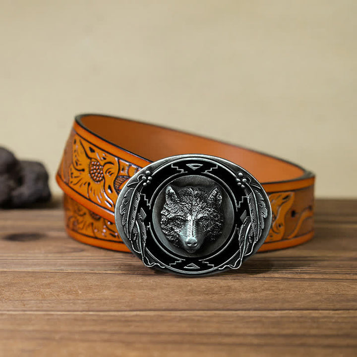 Ceinture en cuir à boucle pour homme avec tête de loup vive
