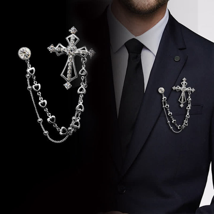 Broche en strass avec croix et pompons nobles pour homme
