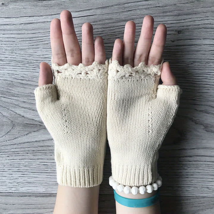 Gants tricotés demi-doigts brodés de fleurs pour femmes