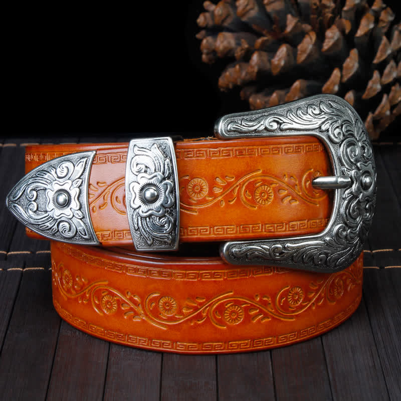 Ceinture unisexe en cuir à imprimé floral et texture rustique