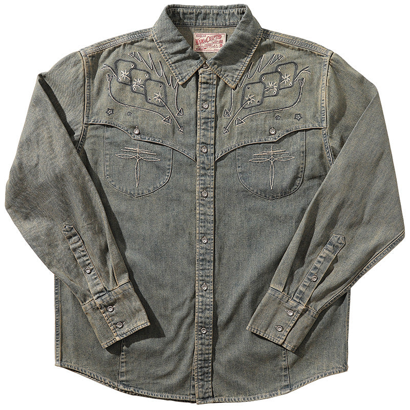 Chemise western cowboy en denim délavé brodée Gambler - Bleu denim - 3XL - image 1