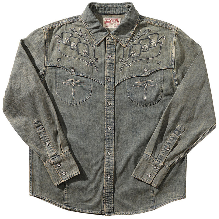 Chemise western cowboy en denim délavé brodée Gambler - Bleu denim - 3XL - image 1