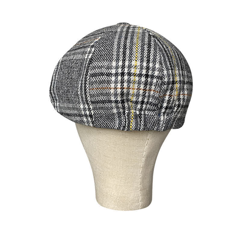 Casquette béret gavroche à carreaux gris et rayures jaunes