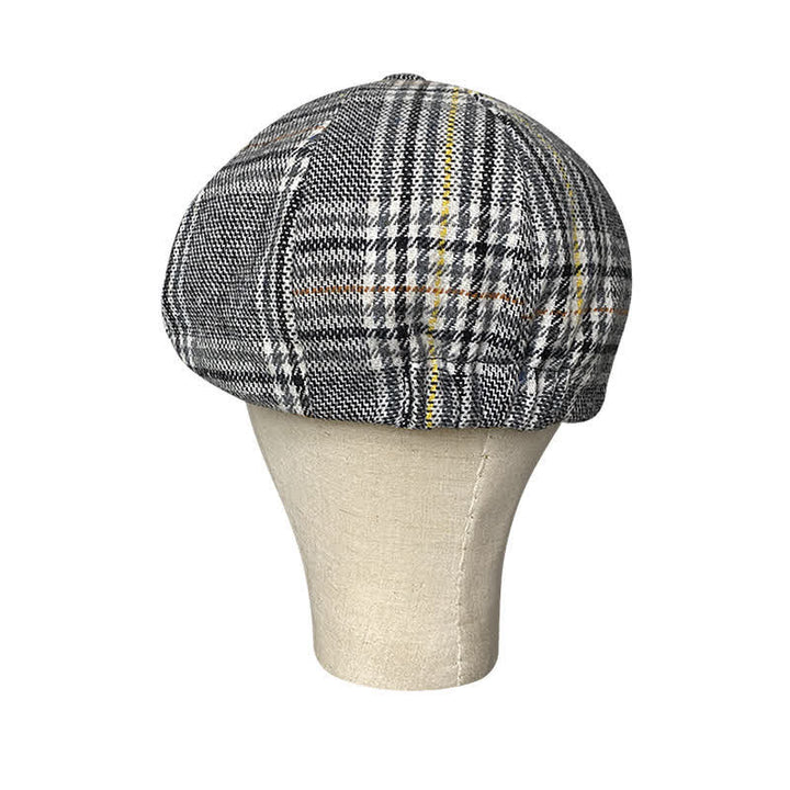 Casquette béret gavroche à carreaux gris et rayures jaunes