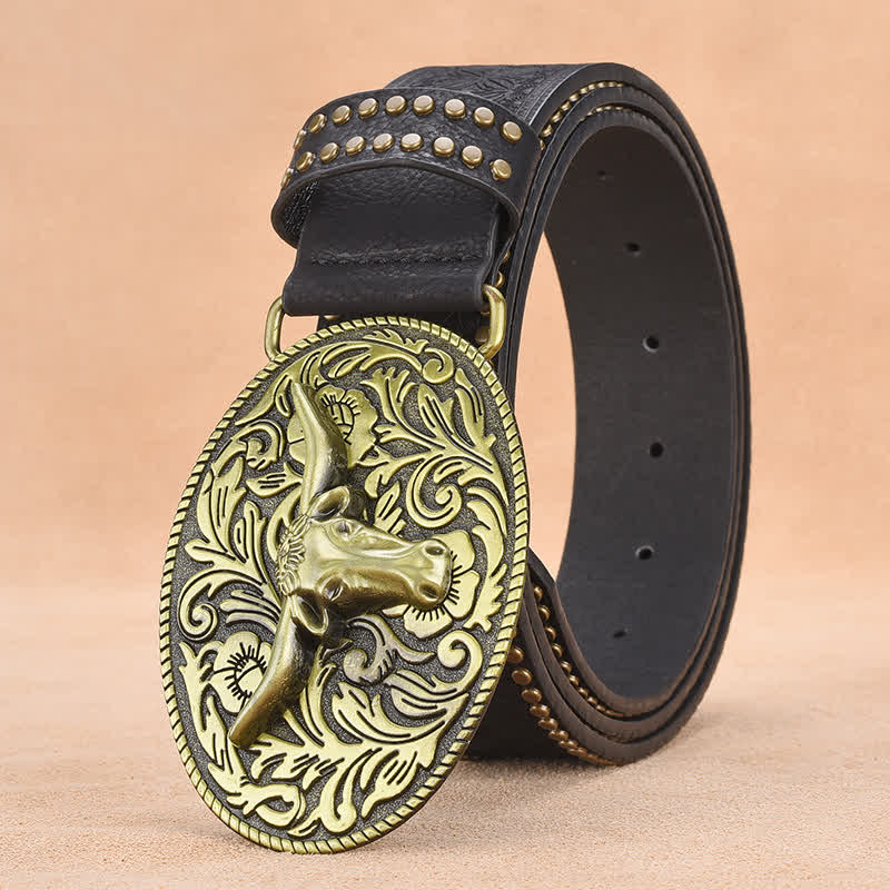 Ceinture en cuir gaufré à rivets tête de taureau pour homme