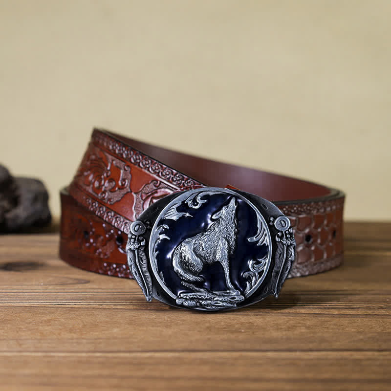 Ceinture en cuir à boucle en émail pour homme avec loup hurlant dominateur