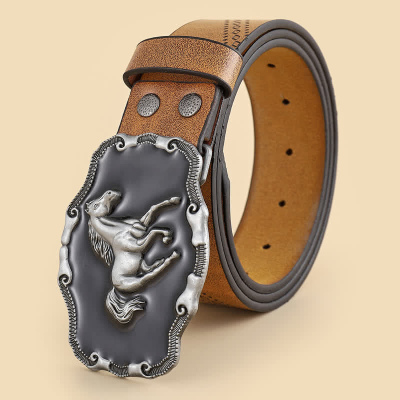 Ceinture en cuir classique argentée pour homme avec boucle en forme de cheval au galop