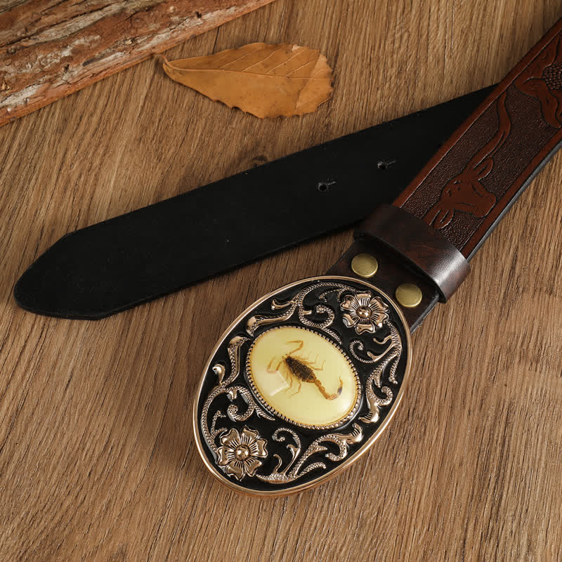 Ceinture en cuir à boucle pour homme avec motif animal, scorpion et fleur