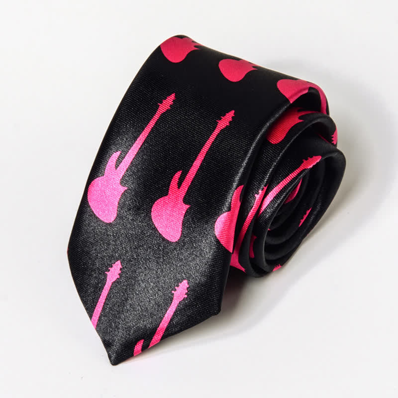 Cravate pour homme avec notes de musique de piano - Guitare noire et rose - image 13