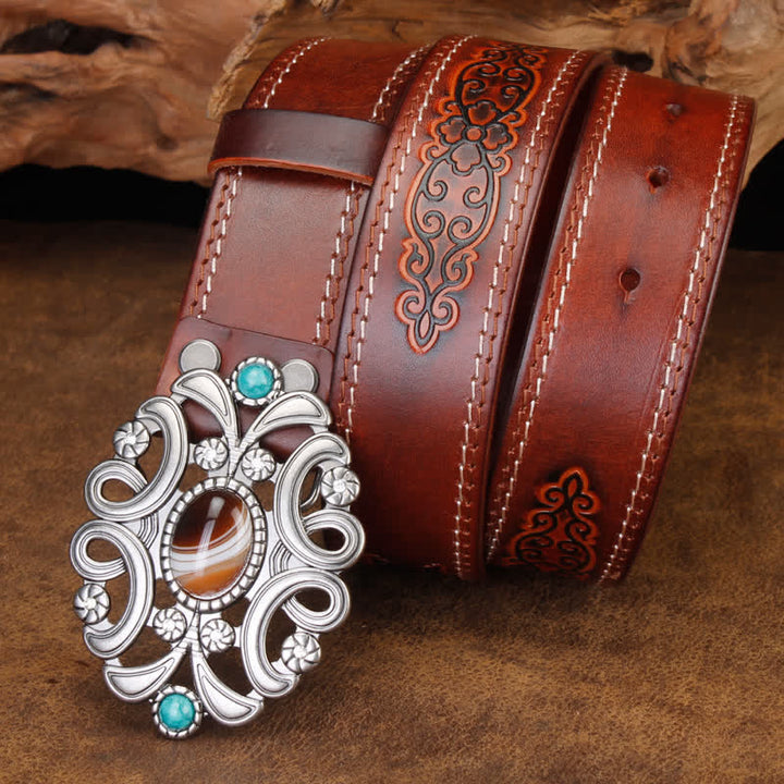 Ceinture unisexe en cuir avec pierre d'agate et fleur creuse turquoise
