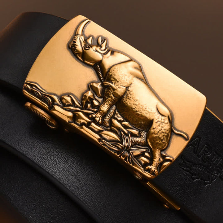 Ceinture en cuir à boucle automatique pour homme avec motif rhinocéros debout