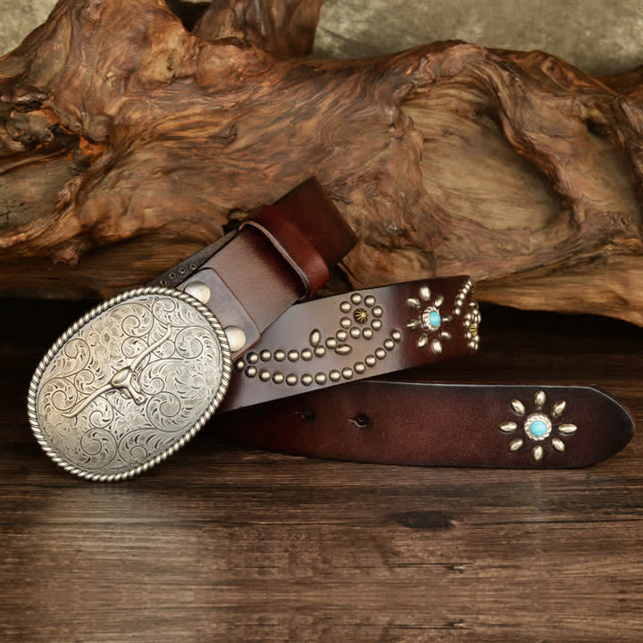 Ceinture en cuir véritable turquoise à rivets punk pour homme avec taureau à longues cornes