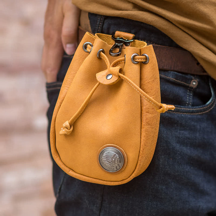 Petit portefeuille, porte-monnaie, sac ceinture en cuir avec cordon de serrage