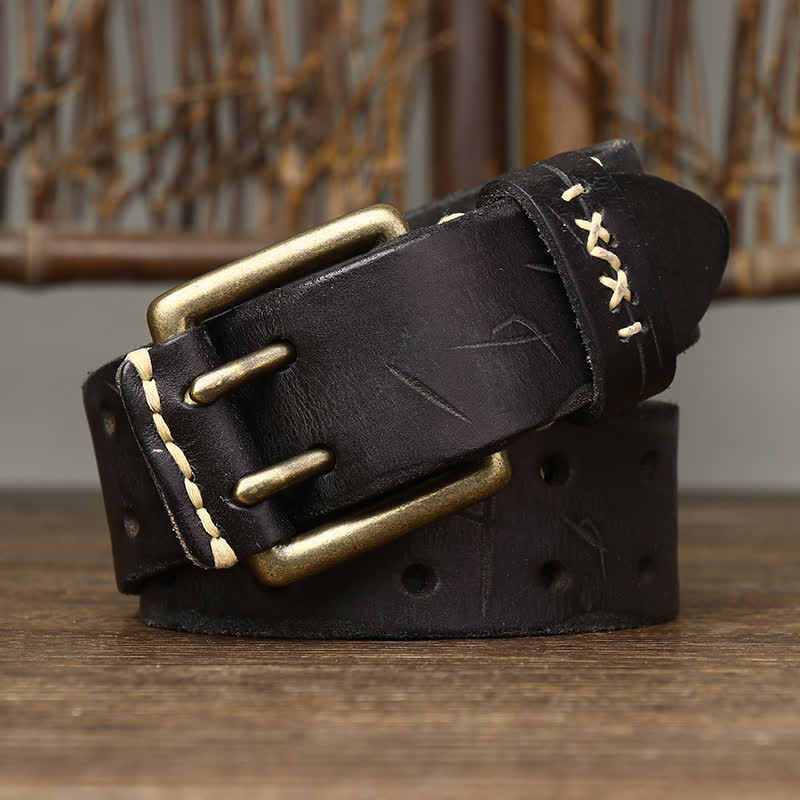 Ceinture en cuir à double boucle pour homme, effet vieilli