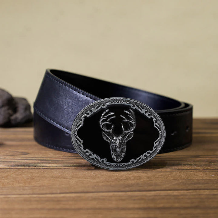 Ceinture en cuir à boucle tête de cerf noire pour homme