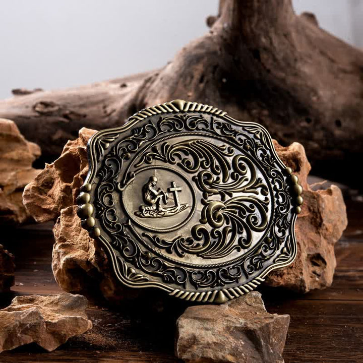 Ceinture en cuir à boucle gravée pour homme avec motif floral et prière sincère