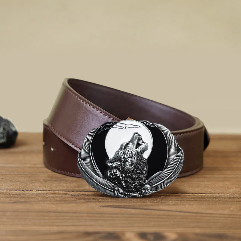 Ceinture en cuir à boucle ovale pour homme avec motif loup hurlant et lune
