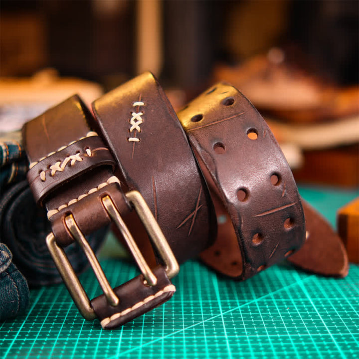 Ceinture large en cuir à double boucle pour homme - Café - 46 - image 11