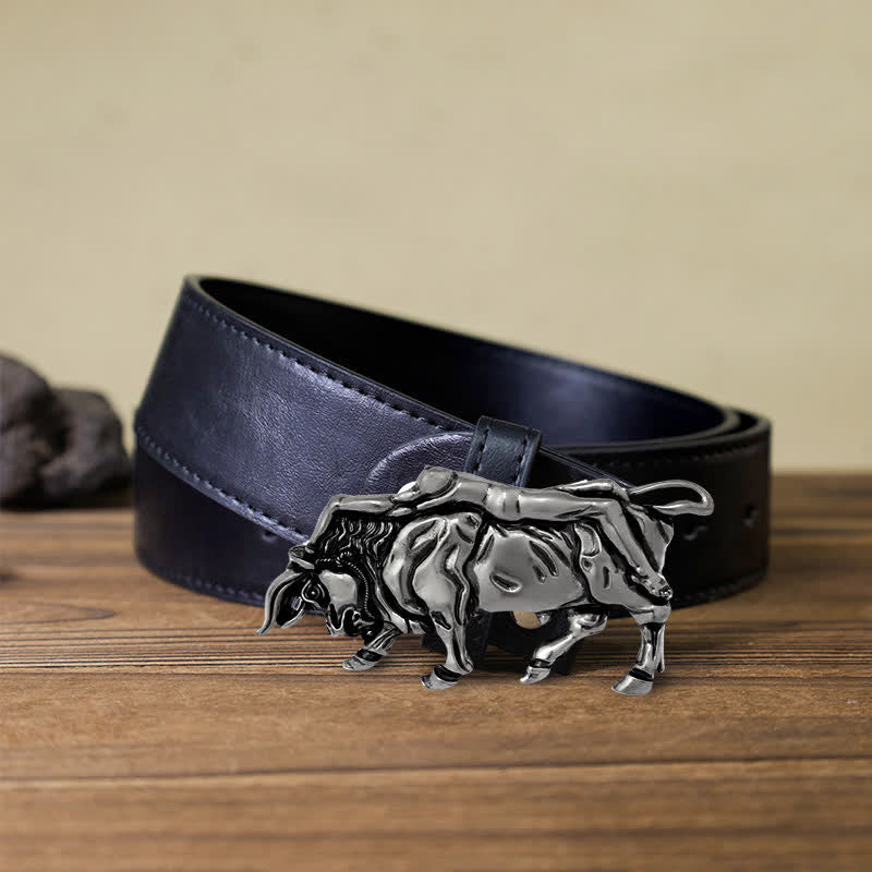 Ceinture en cuir véritable avec boucle en forme de taureau argenté pour homme