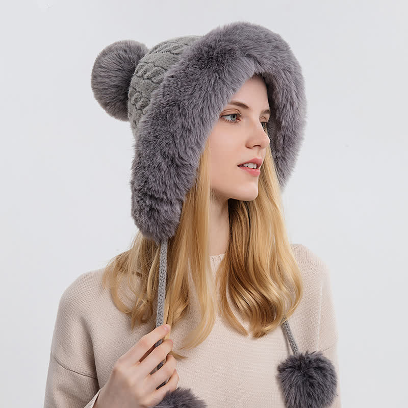 Bonnet tricoté chaud et épais à trois pompons pour femme - image 1
