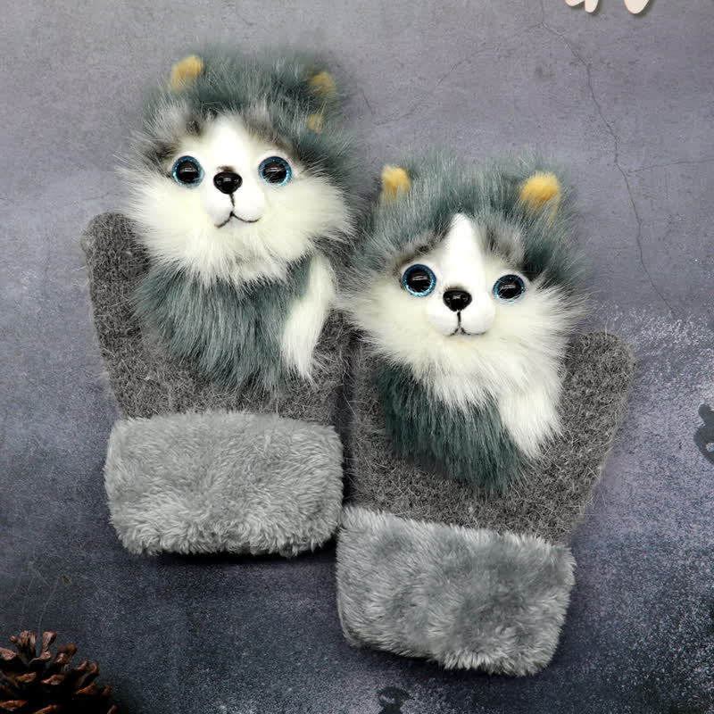 Gants mitaines en fourrure d'animaux mignons pour femmes - Loup Gris - image 4