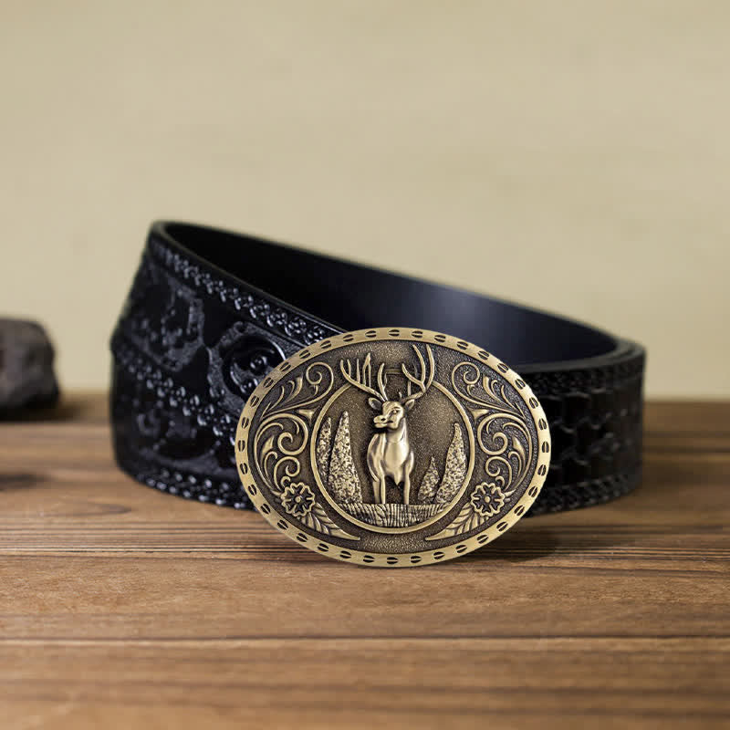 Ceinture en cuir à boucle ovale pour homme avec motif cerf forestier