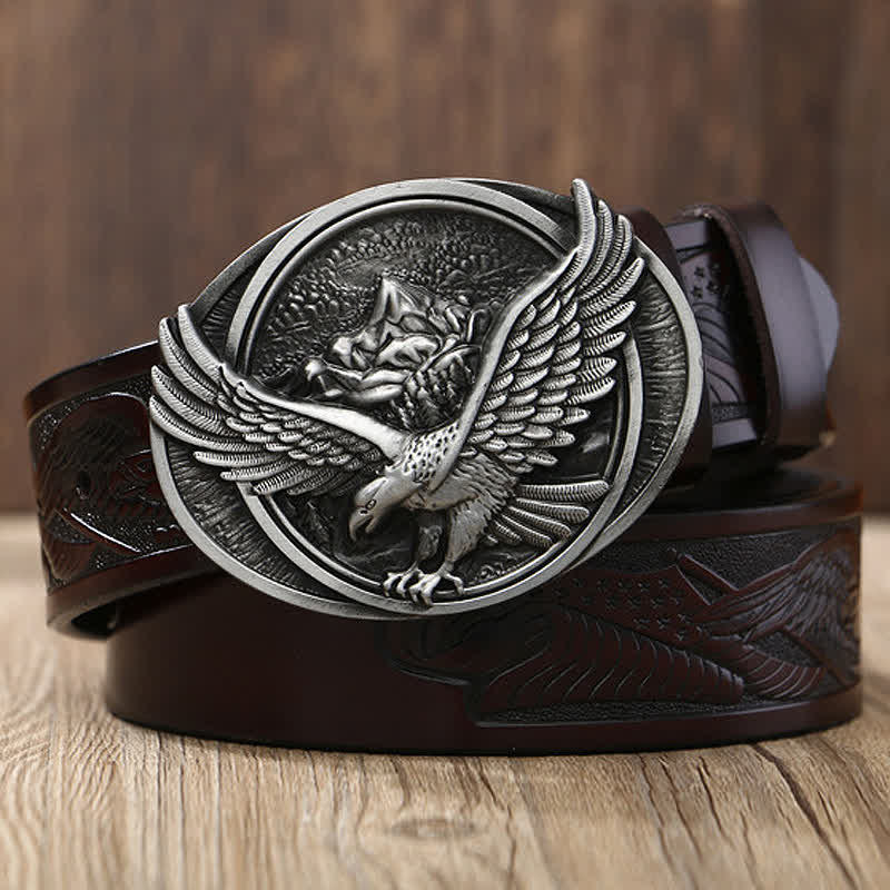 Ceinture en cuir à motif sculpté avec boucle aigle volant fantaisie pour homme - Brun/Argent - 46 - image 8
