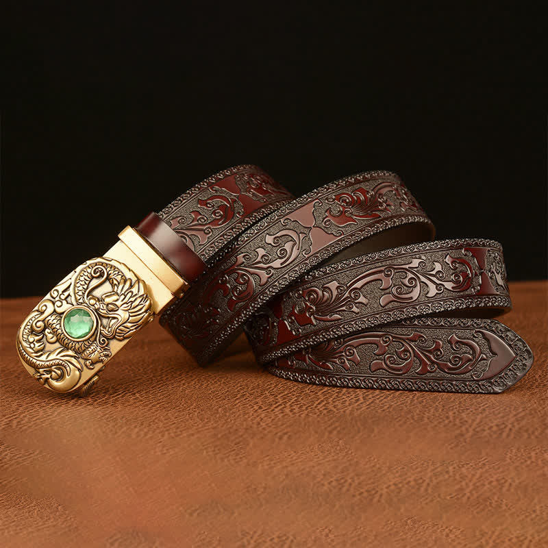 Ceinture en cuir pour homme avec pierre précieuse gravée en forme de dragon