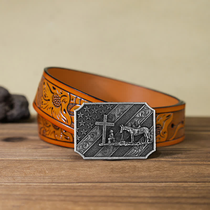 Ceinture en cuir à boucle de cheval avec croix de prière et drapeau américain pour homme
