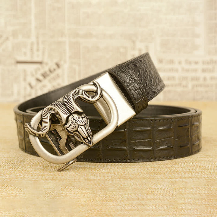 Ceinture en cuir à boucle automatique pour homme avec imprimé crocodile et tête de chèvre