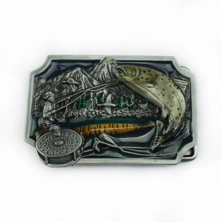 Ceinture en cuir à boucle rectangulaire en émail pour homme avec motif de pêche