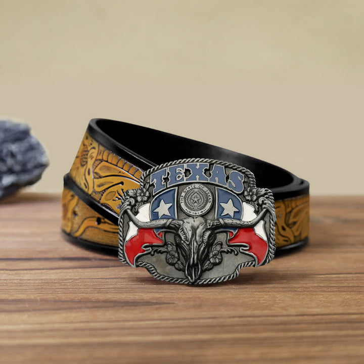 Ceinture en cuir à boucle pour homme avec drapeau du Texas Longhorn Bull
