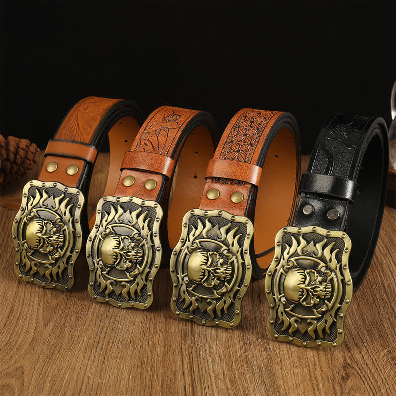 Ceinture en cuir tendance pour homme avec tête de mort et flamme
