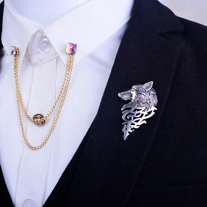 Broche glamour en forme de tête de loup creuse pour homme