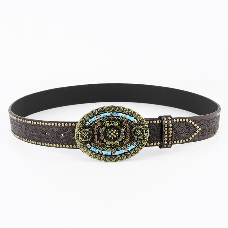 Ceinture en cuir à motif floral turquoise de style bohème pour homme