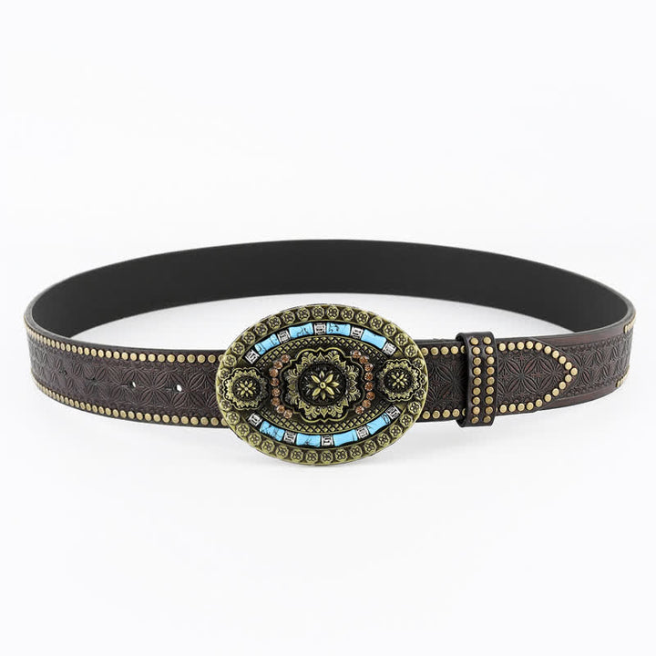 Ceinture en cuir à motif floral turquoise de style bohème pour homme