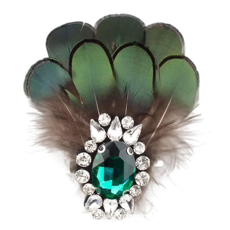 Broche plume en cristal vert foncé pour femme