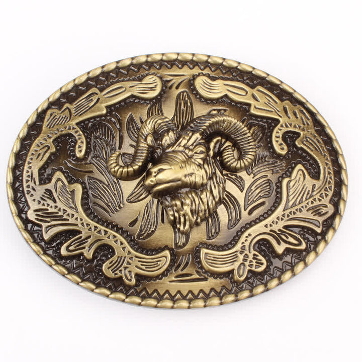 Ceinture en cuir à boucle tête de chèvre sauvage en bronze pour homme