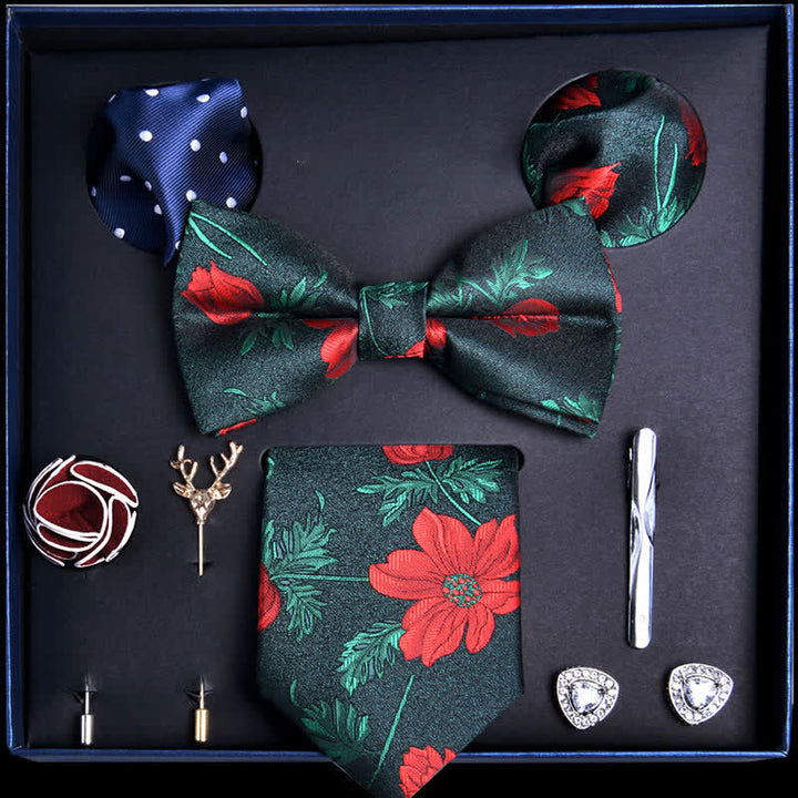 Lot de 8 nœuds papillon en forme de fleur avec feuilles vertes et rouges, coffret cadeau