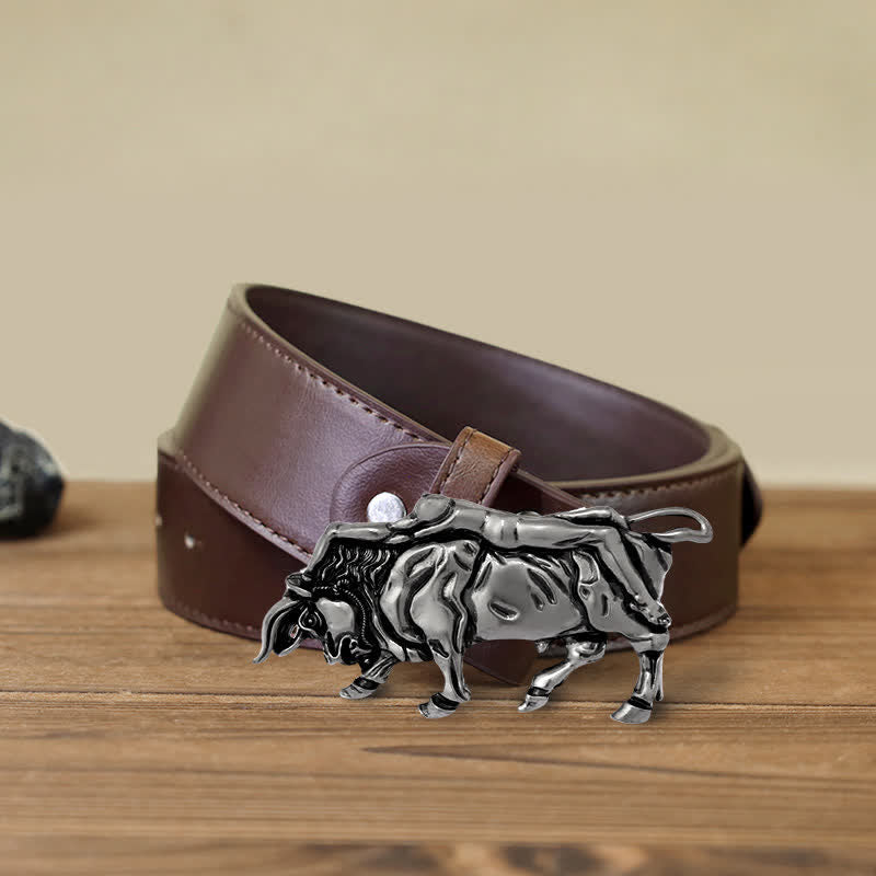 Ceinture en cuir véritable avec boucle en forme de taureau argenté pour homme