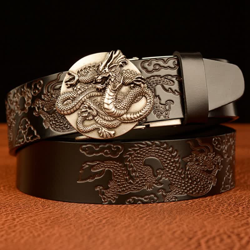 Ceinture en cuir à boucle automatique ronde pour homme avec motif dragon de flamme