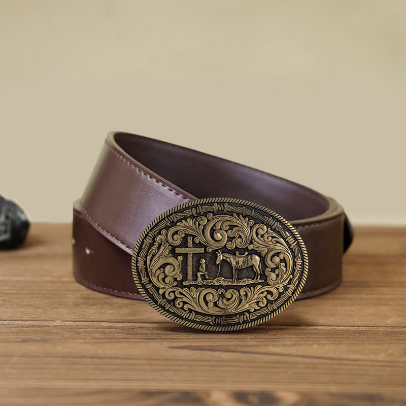 Ceinture en cuir à boucle ovale pour homme avec motif cowboy priant