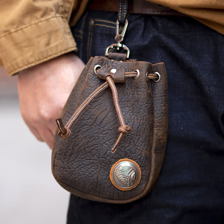 Petit portefeuille, porte-monnaie, sac ceinture en cuir avec cordon de serrage