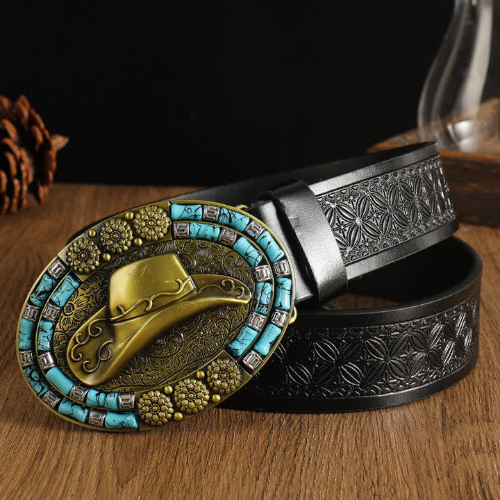 Ceinture en cuir avec chapeau de cowboy doré pour homme et décor turquoise