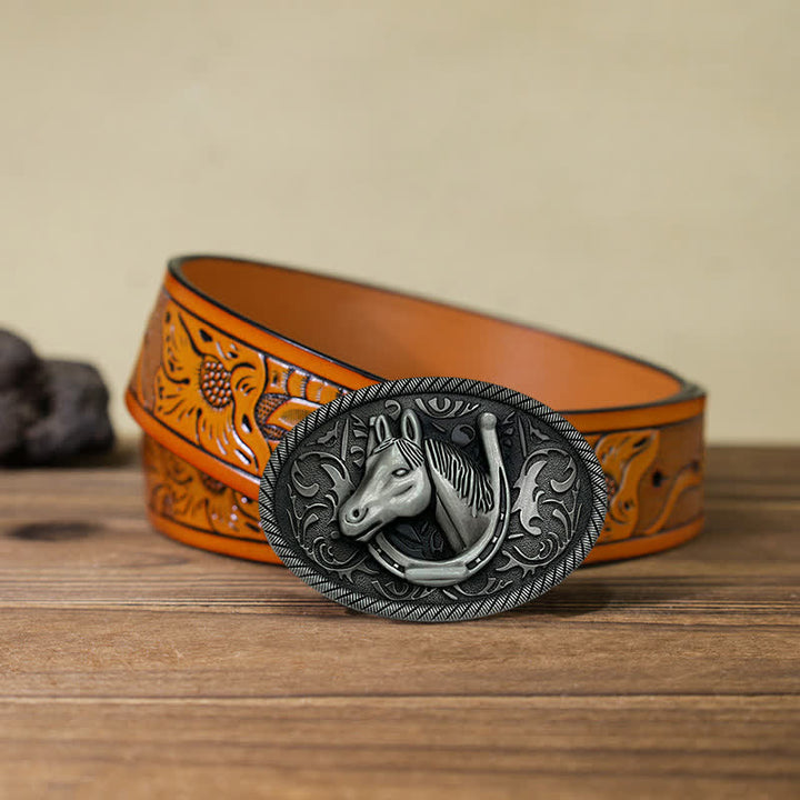 Ceinture en cuir à boucle en fer à cheval argentée antique pour homme